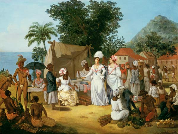 A linen market with a linen stall and a vegetable seller in a Colonial settlement von Agostino Brunias