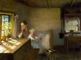 Frau mit Kind in sonnenbeschienenem Interieur 1889