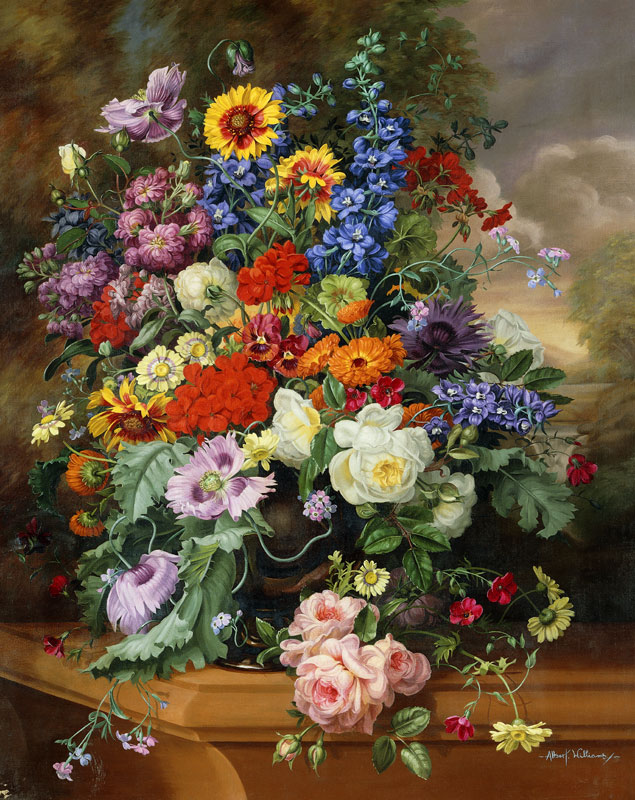 Still Life with Roses, Delphiniums, Poppies, and Marigolds on a Ledge von Albert Williams