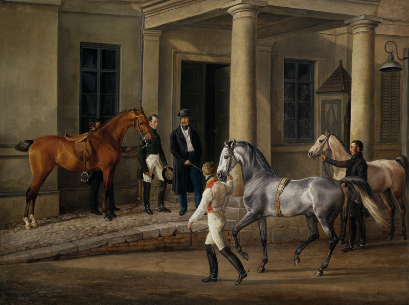 Dem Schloßherrn werden zwei edle Pferde vorgeführt. von Albrecht Adam