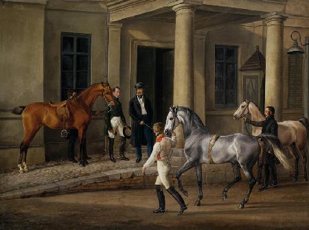 Dem Schloßherrn werden zwei edle Pferde vorgeführt. 1828