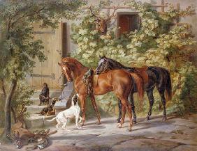 Pferde vor dem Eingang des Hauses 1843
