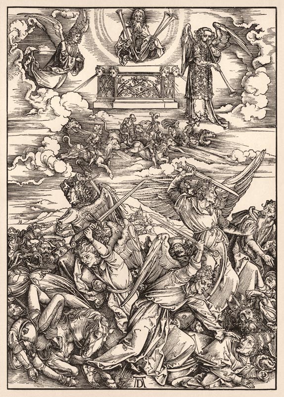 Der Engelkampf, aus der Folge der Apokalypse, Latein-Ausgabe 1511 von Albrecht Dürer