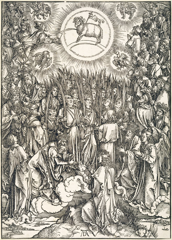 Lobgesang der Auserwählten / Anbetung des Lammes, aus der Folge der Apokalypse, Urausgabe Latein 149 von Albrecht Dürer
