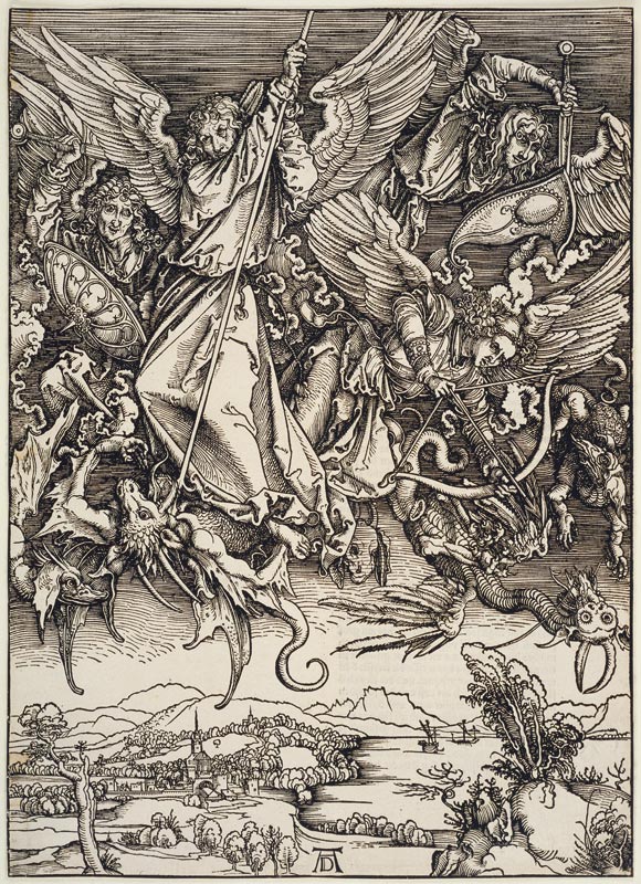 Michaels Kampf mit dem Drachen, aus der Folge der Apokalypse, Urausgabe Deutsch 1498 von Albrecht Dürer