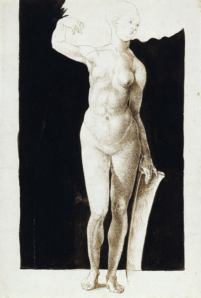 Proportionsstudie einer nackten Frau mit Schild von Albrecht Dürer