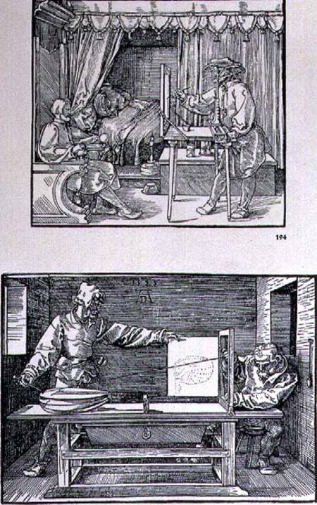 Apparatus for translating three-dimensional objects into two-dimensional drawings, two scenes from t von Albrecht Dürer