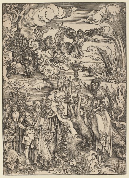 Das babylonische Weib, aus der Folge der Apokalypse, Urausgabe Deutsch 1498 von Albrecht Dürer