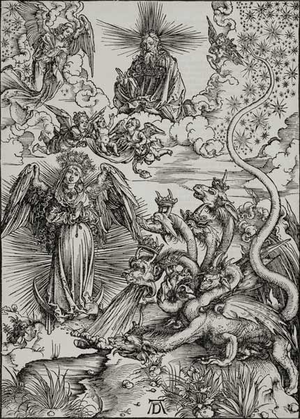 Das Sonnenweib und der siebenköpfige Drache, Apokalypse IX von Albrecht Dürer