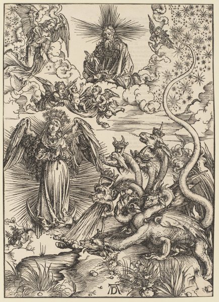 Das Sonnenweib und der siebenköpfige Drache, aus der Folge der Apokalypse, Latein-Ausgabe 1511 von Albrecht Dürer