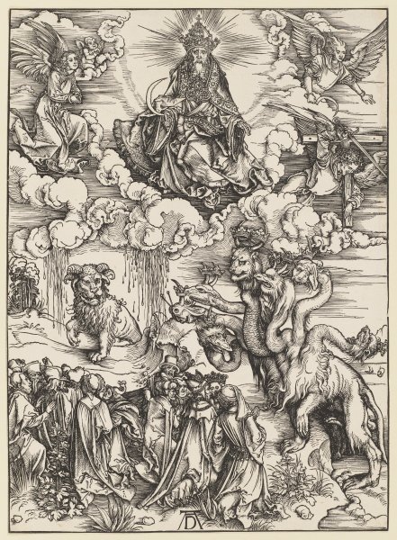 Das Tier mit den Lammhörnern, aus der Folge der Apokalypse, Einzeldruck vor dem Text von Albrecht Dürer