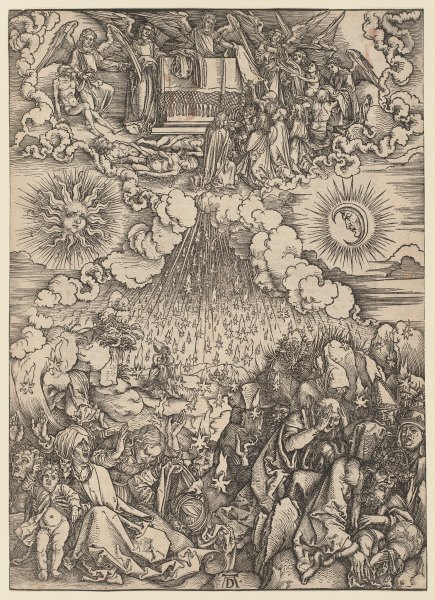 Die Eröffnung des fünften und sechsten Siegels, aus der Folge der Apokalypse, Urausgabe Deutsch 1498 von Albrecht Dürer
