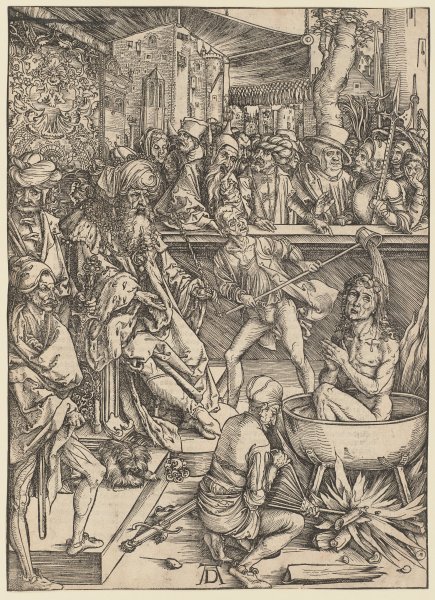 Die Marter des Evangelisten Johannes, aus der Folge der Apokalypse, Urausgabe Deutsch 1498 von Albrecht Dürer