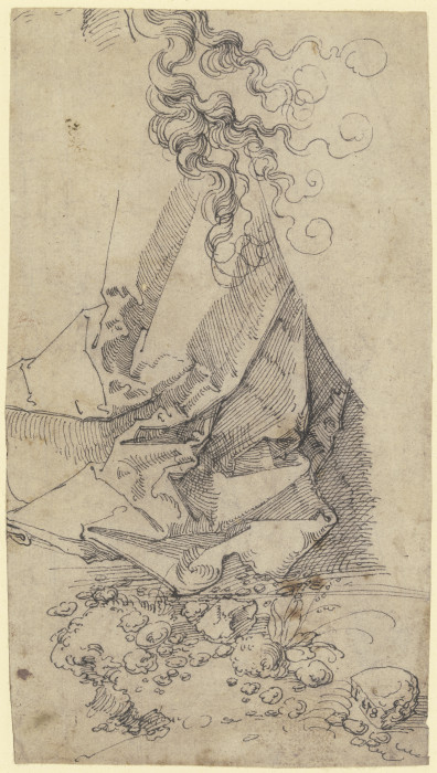 Gewandstudie, darüber Haarlocke, zuunterst ein Geländestück von Albrecht Dürer