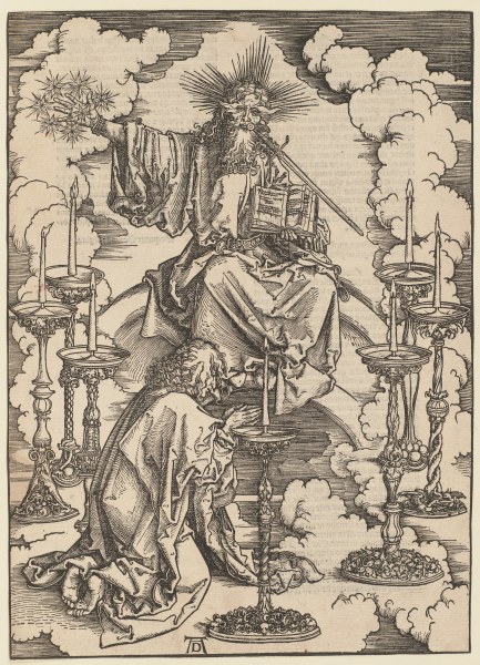 Johannes erblickt die sieben Leuchter, aus der Folge der Apokalypse, Latein-Ausgabe 1511 von Albrecht Dürer