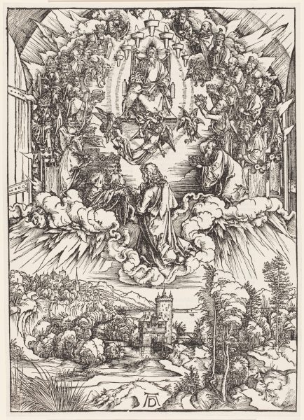 Johannes vor Gottvater und den Ältesten, aus der Folge der Apokalypse, Urausgabe Deutsch 1498 von Albrecht Dürer