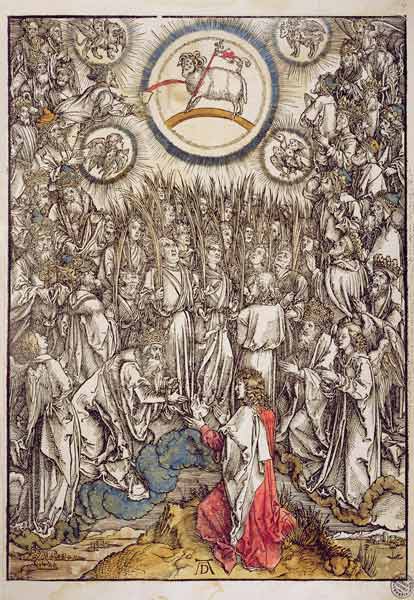 The Lamb of God appears on Mount Sion, 1498 (colour woodcut) von Albrecht Dürer