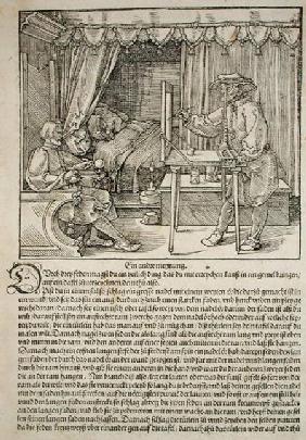 Artist using Durer's drawing machine to paint a figure, from 'Course in the Art of Drawing' by Albre published