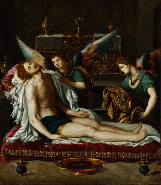 Leib Christi, von zwei Engeln gesalbt von Alessandro Allori