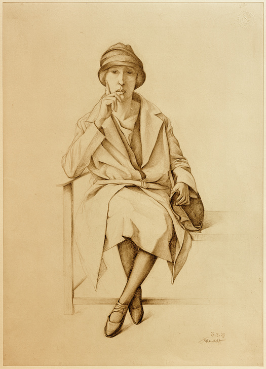 Sitzendes junges Mädchen in Mantel und Hut von Alexander Kanoldt