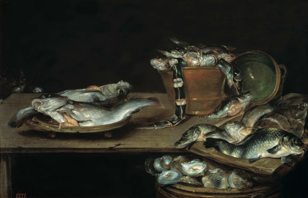Stilleben mit Fischen, Austern und Katze von Alexander van Adriaenssen