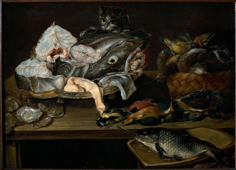 Stilleben mit Fischen, Meerestfrüchten, Geflügel und Katze von Alexander van Adriaenssen
