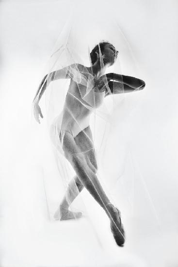 Das Netz der Sinne. Eine Ballerina im Body,gehüllt in einen dünnen transparenten Stoff in zartem Mus