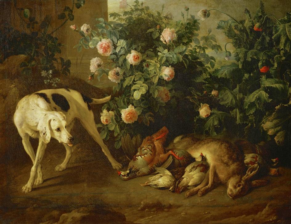 Chien gardant du gibier auprès d’un buisson de roses von Alexandre-François Desportes