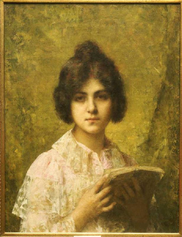 Junge Frau, ein Buch haltend. von Alexei Alexevich Harlamoff