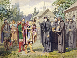 Fürst Dimitry bei Sergej von Radonesch vor der Schlacht gegen die Tataren von Alexej Danilovich Kivschenko