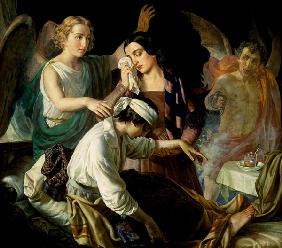 Ein Engel kämpft gegen den bösen Geist um die Seele einer Sterbenden um 1830