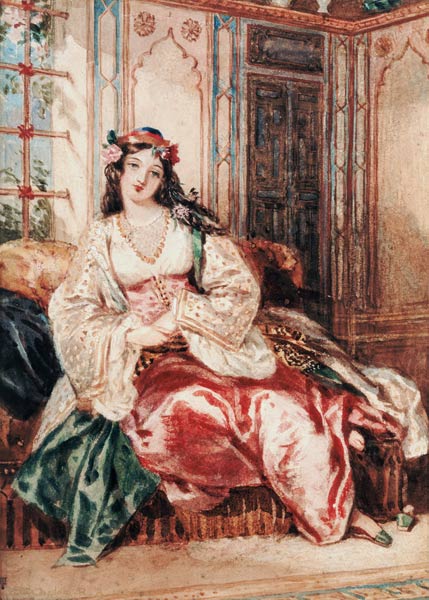 A Lady Seated in an Ottoman Interior Wearing Turkish Dress von Alfred-Edward Chalon