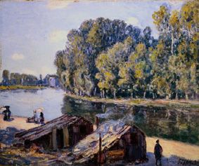 Hütten am Loing-Kanal im Sonnenlicht. von Alfred Sisley