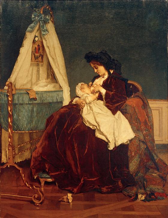 Eine Mutter od. Mutterfreuden (Die Frau des Künstlers mit dem Sohn Léopold). von Alfred Stevens