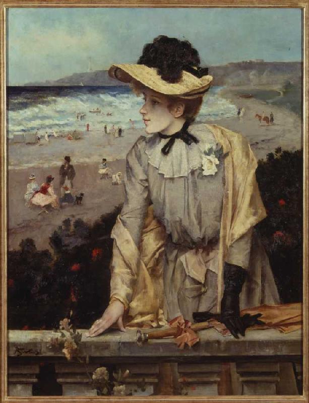 Junge Frau am Strand (oder: Pariserin vor Meerlandschaft) von Alfred Stevens