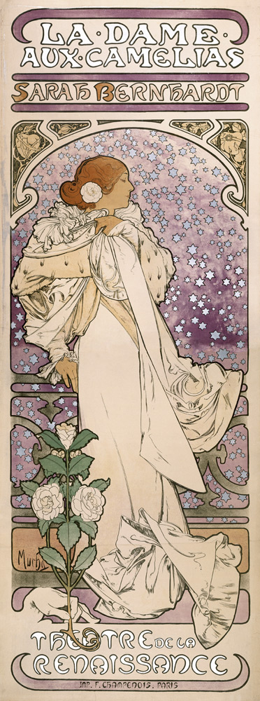 Plakat für Theaterstück Dame mit Kamelien von A. Dumas im Theatre de la Renaissanse (Oberteil) von Alphonse Mucha