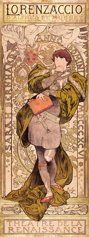 Plakat für Theaterstück Lorenzaccio von A. de Musset im Theatre de la Renaissanse (Oberteil) von Alphonse Mucha