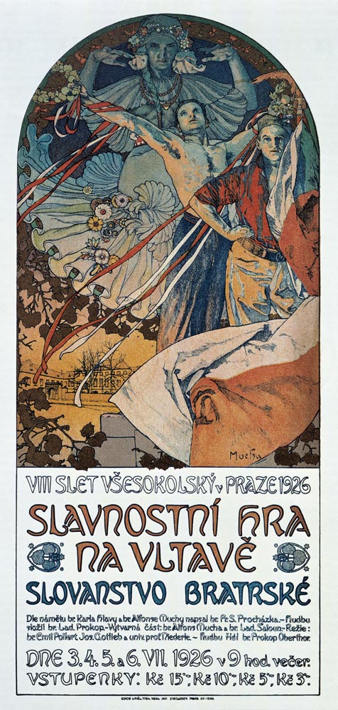 Plakat für das Historienspiel Slawische Brüderlichkeit zum 8. Sokol-Treff, Prag 1926 von Alphonse Mucha