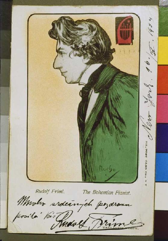 Der böhmische Pianist Rudolf Friml Postkarte mit Widmung für eine Konzert- Tournée des Künstlers von Alphonse Mucha