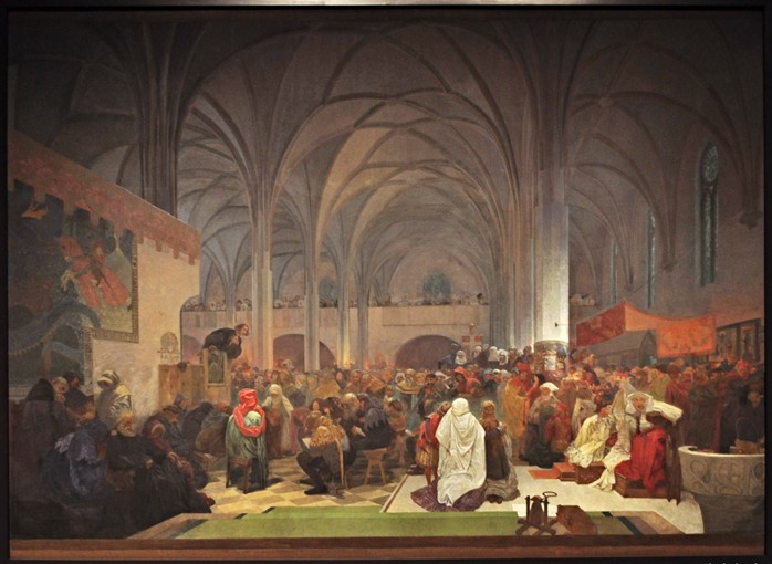 Die Predigt des Meister Johann Hus in der Bethlehem-Kapelle (Gemäldezyklus Das Slawische Epos) von Alphonse Mucha