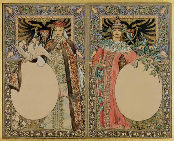 Buch-Illustration mit Frauen in Tracht. von Alphonse Mucha