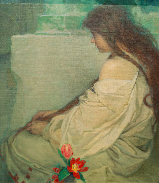 Mädchen mit Tulpen, 1920.  von Alphonse Mucha