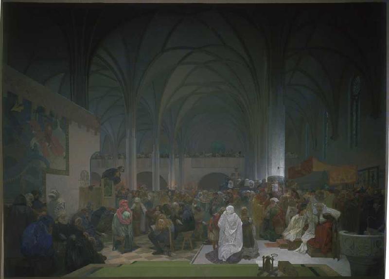 Das slawische Epos: Die Predigt Jan Hus' in der Bethlehemskapelle 1916 von Alphonse Mucha