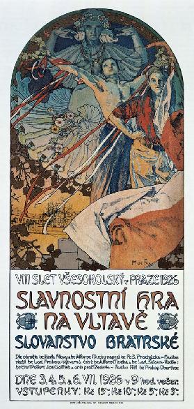 Plakat für das Historienspiel Slawische Brüderlichkeit zum 8. Sokol-Treff, Prag 1926 1926
