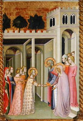 Triptych of the Coronation of the Virgin, right panel depicting the Virgin returning to her family h 06th-
