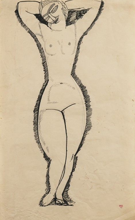 Stehende Nackte mit erhobenen Armen von Amedeo Modigliani