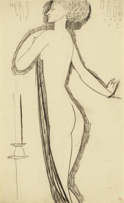 Stehender weiblicher Akt in Profil mit brennende Kerze von Amedeo Modigliani