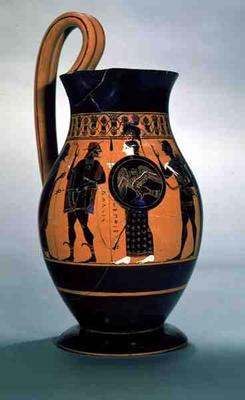 Attic black-figure olpe depicting Athena Confronting Poseidon, 6th century BC (pottery) von Amasis Painter