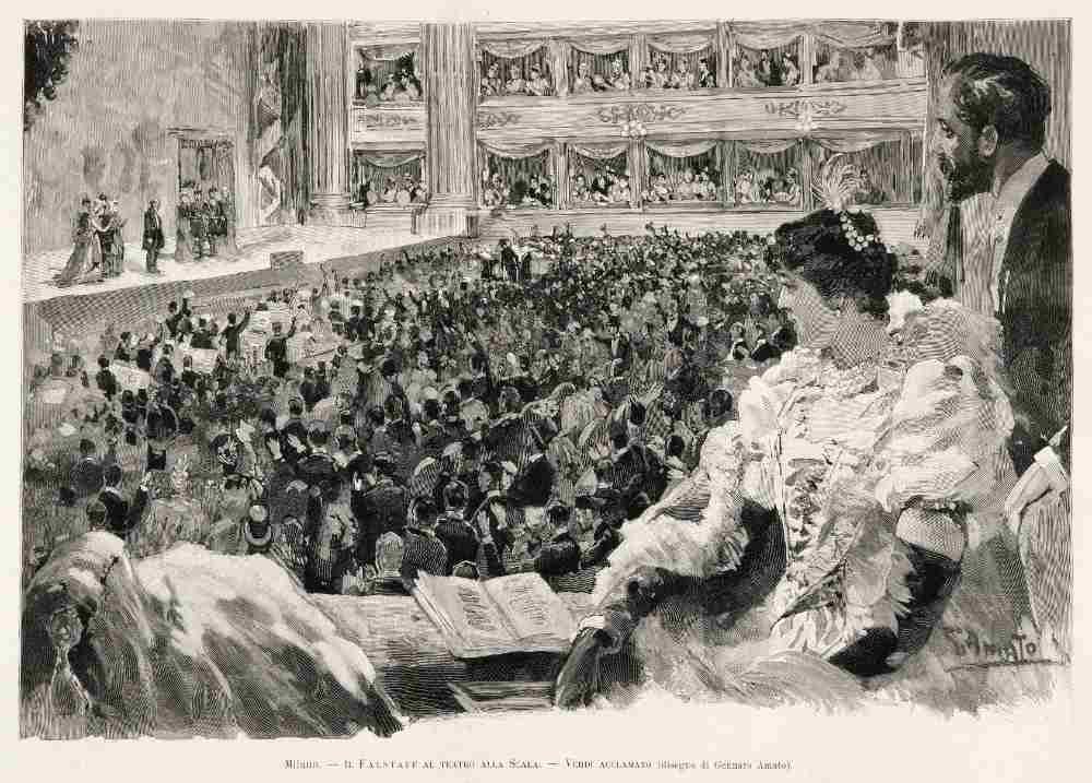 Giuseppe Verdi feierte im Teatro della Scala von Mailand nach einer Aufführung der Oper Falstaff von von Amato Gennaro