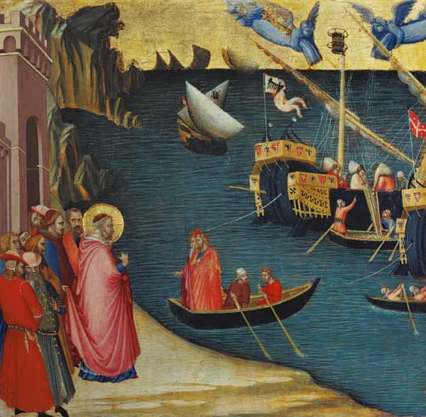 Heiliger Nikolaus überzeugt die Seeleute, von ihren Kornladungen etwas abzugeben von Ambrogio Lorenzetti